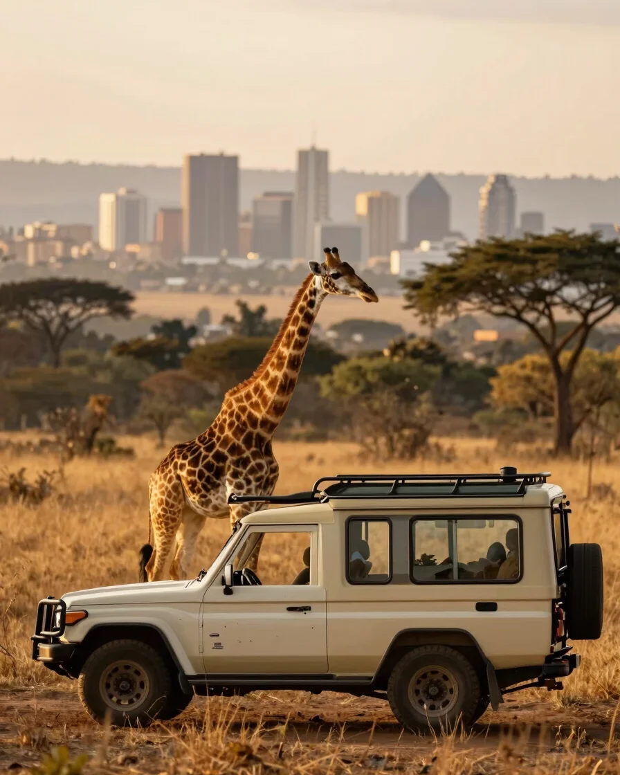 Open-roof safari cruiser in Nairobi National Park at golden hour,